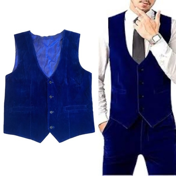 Men’s Blue Suede Button-down Vest - Picture 1 of 14